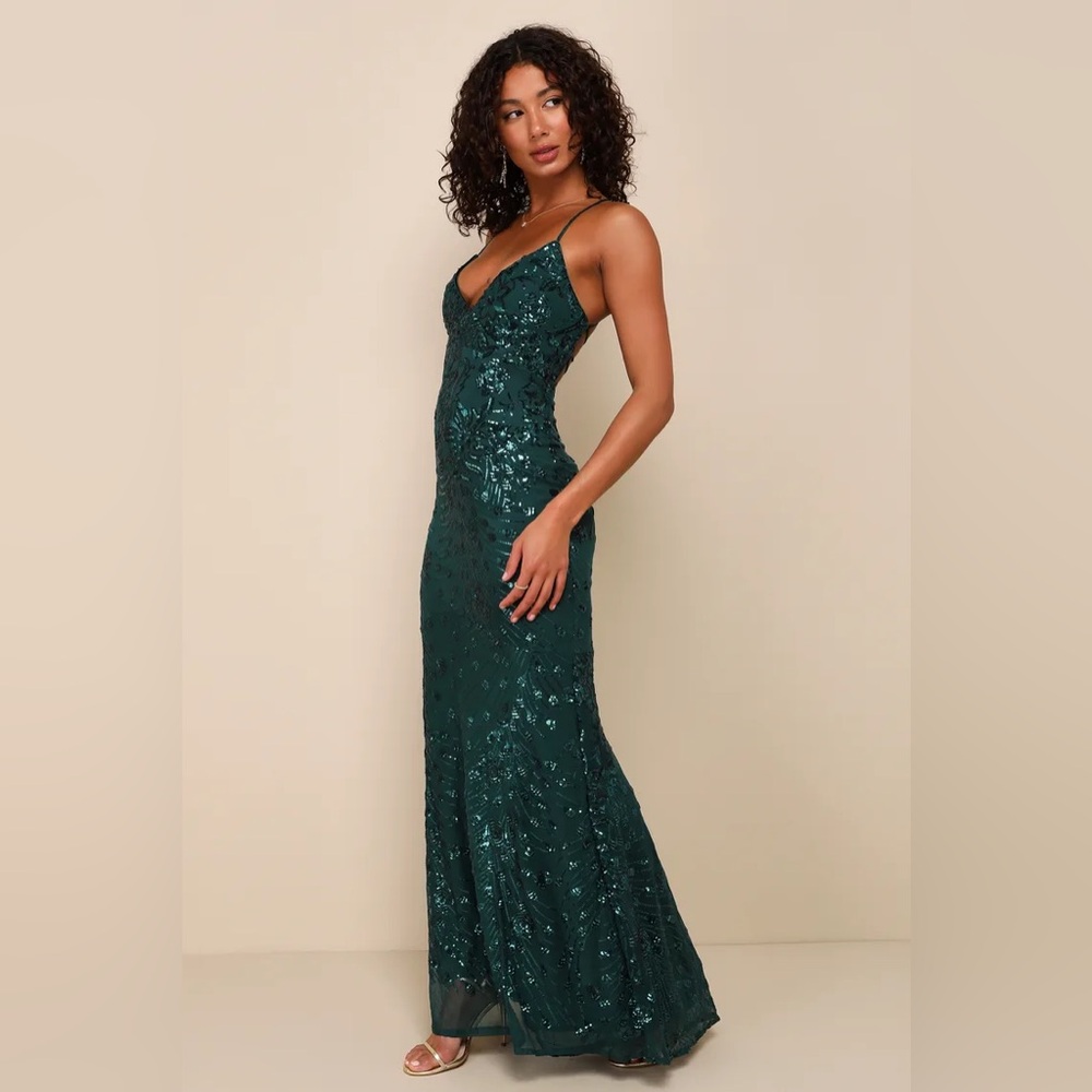 Photo Finish Forest Green Sequin Lace-Up Maxi Dress Lulus Size S